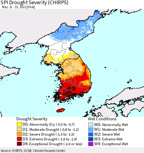 Korea SPI Drought Severity (CHIRPS) Thematic Map For 5/21/2022 - 5/31/2022