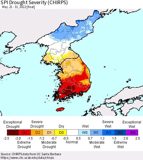 Korea SPI Drought Severity (CHIRPS) Thematic Map For 5/21/2022 - 5/31/2022