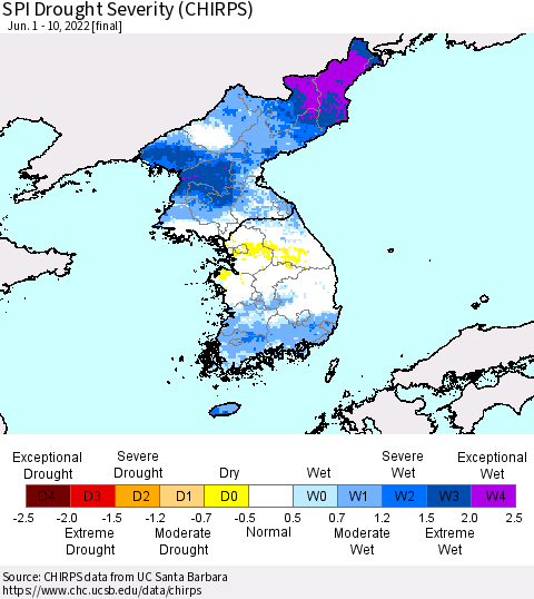 Korea SPI Drought Severity (CHIRPS) Thematic Map For 6/1/2022 - 6/10/2022