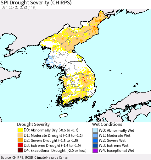 Korea SPI Drought Severity (CHIRPS) Thematic Map For 6/11/2022 - 6/20/2022
