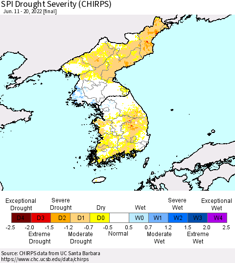 Korea SPI Drought Severity (CHIRPS) Thematic Map For 6/11/2022 - 6/20/2022