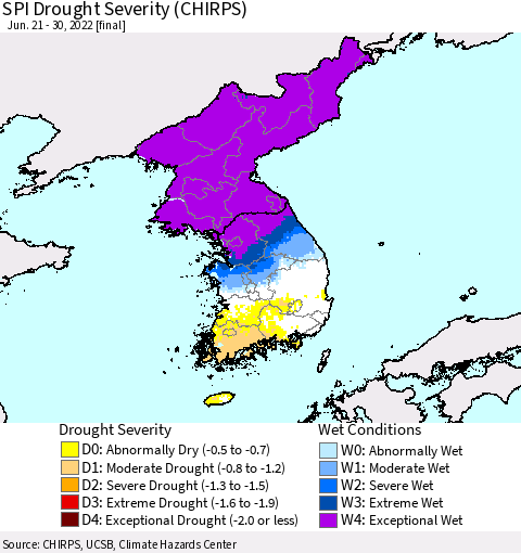 Korea SPI Drought Severity (CHIRPS) Thematic Map For 6/21/2022 - 6/30/2022