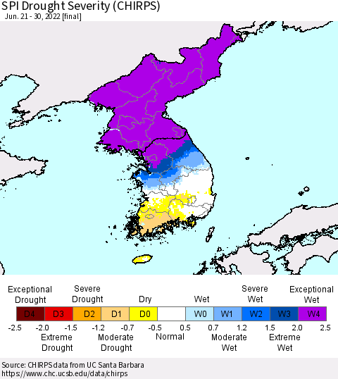 Korea SPI Drought Severity (CHIRPS) Thematic Map For 6/21/2022 - 6/30/2022