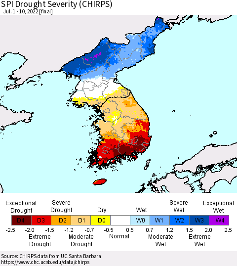 Korea SPI Drought Severity (CHIRPS) Thematic Map For 7/1/2022 - 7/10/2022