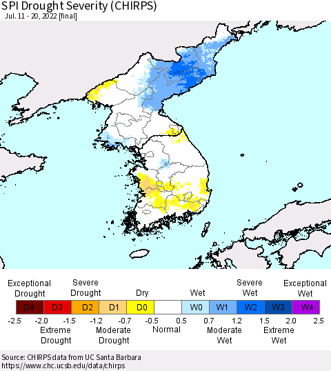 Korea SPI Drought Severity (CHIRPS) Thematic Map For 7/11/2022 - 7/20/2022