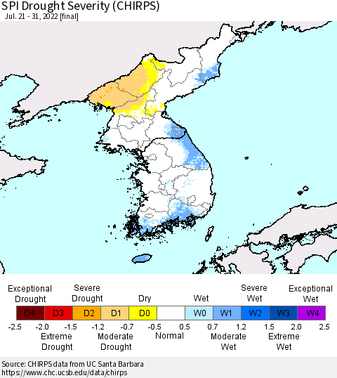 Korea SPI Drought Severity (CHIRPS) Thematic Map For 7/21/2022 - 7/31/2022