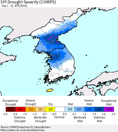 Korea SPI Drought Severity (CHIRPS) Thematic Map For 8/1/2022 - 8/10/2022