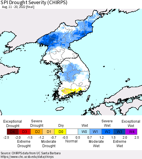 Korea SPI Drought Severity (CHIRPS) Thematic Map For 8/11/2022 - 8/20/2022