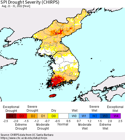 Korea SPI Drought Severity (CHIRPS) Thematic Map For 8/21/2022 - 8/31/2022