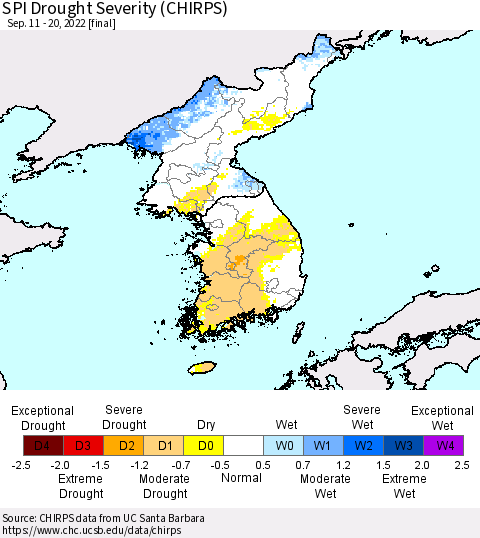 Korea SPI Drought Severity (CHIRPS) Thematic Map For 9/11/2022 - 9/20/2022