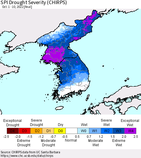 Korea SPI Drought Severity (CHIRPS) Thematic Map For 10/1/2022 - 10/10/2022