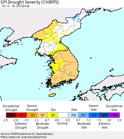 Korea SPI Drought Severity (CHIRPS) Thematic Map For 10/11/2022 - 10/20/2022