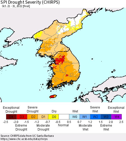 Korea SPI Drought Severity (CHIRPS) Thematic Map For 10/21/2022 - 10/31/2022