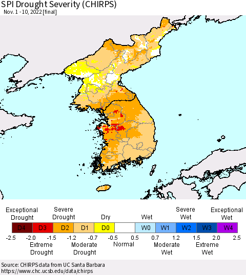 Korea SPI Drought Severity (CHIRPS) Thematic Map For 11/1/2022 - 11/10/2022