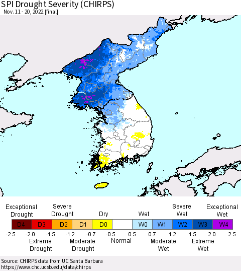 Korea SPI Drought Severity (CHIRPS) Thematic Map For 11/11/2022 - 11/20/2022