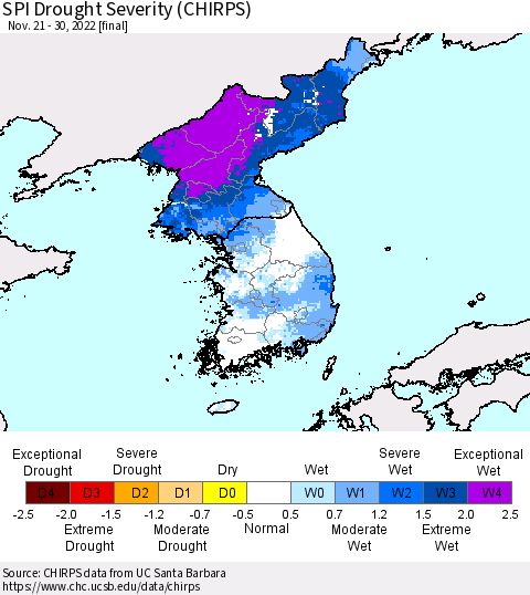 Korea SPI Drought Severity (CHIRPS) Thematic Map For 11/21/2022 - 11/30/2022
