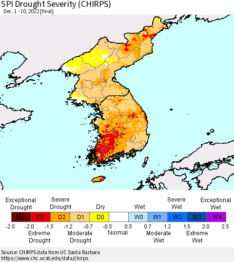 Korea SPI Drought Severity (CHIRPS) Thematic Map For 12/1/2022 - 12/10/2022