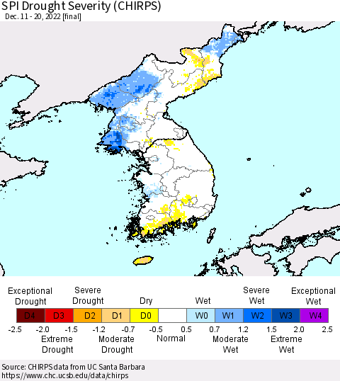 Korea SPI Drought Severity (CHIRPS) Thematic Map For 12/11/2022 - 12/20/2022