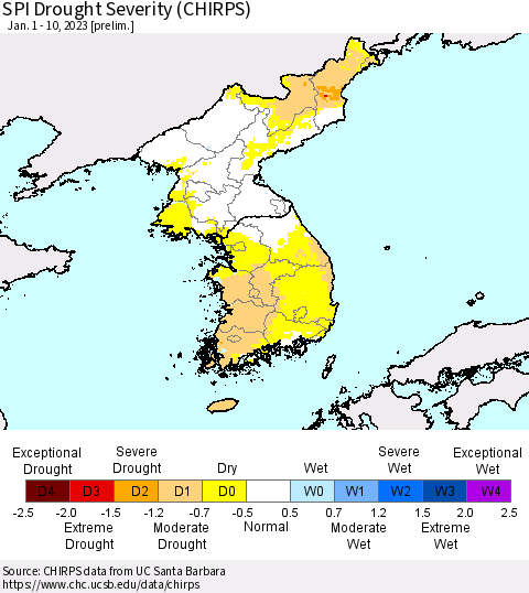 Korea SPI Drought Severity (CHIRPS) Thematic Map For 1/1/2023 - 1/10/2023