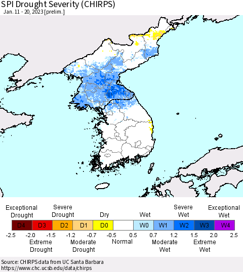 Korea SPI Drought Severity (CHIRPS) Thematic Map For 1/11/2023 - 1/20/2023