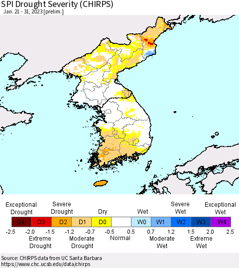 Korea SPI Drought Severity (CHIRPS) Thematic Map For 1/21/2023 - 1/31/2023