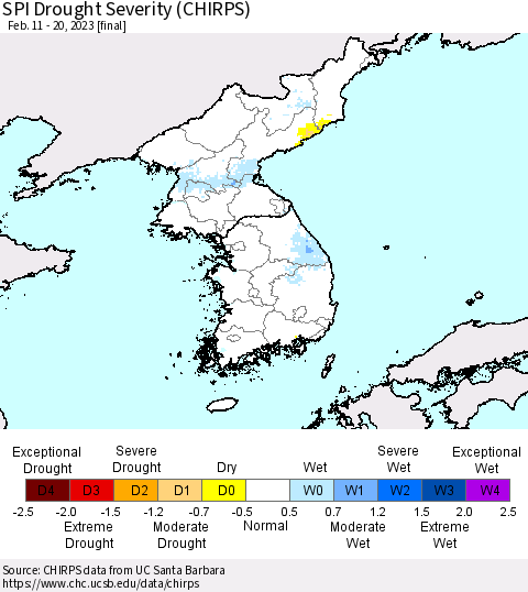 Korea SPI Drought Severity (CHIRPS) Thematic Map For 2/11/2023 - 2/20/2023