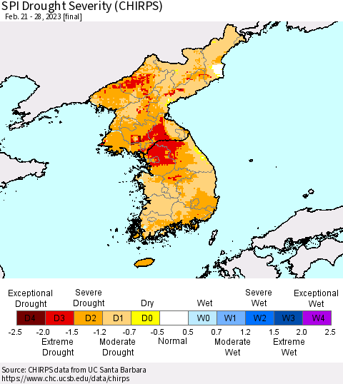 Korea SPI Drought Severity (CHIRPS) Thematic Map For 2/21/2023 - 2/28/2023