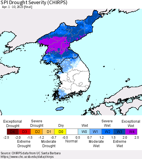 Korea SPI Drought Severity (CHIRPS) Thematic Map For 4/1/2023 - 4/10/2023