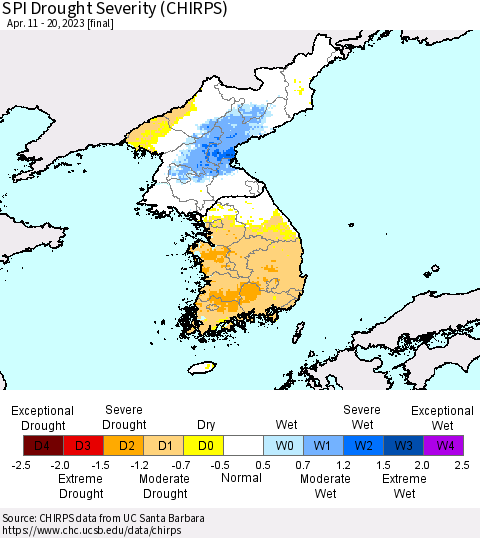 Korea SPI Drought Severity (CHIRPS) Thematic Map For 4/11/2023 - 4/20/2023