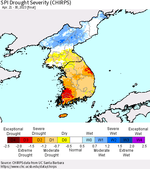 Korea SPI Drought Severity (CHIRPS) Thematic Map For 4/21/2023 - 4/30/2023