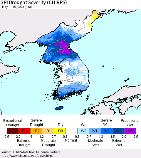 Korea SPI Drought Severity (CHIRPS) Thematic Map For 5/1/2023 - 5/10/2023