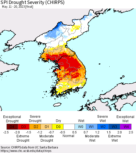 Korea SPI Drought Severity (CHIRPS) Thematic Map For 5/11/2023 - 5/20/2023