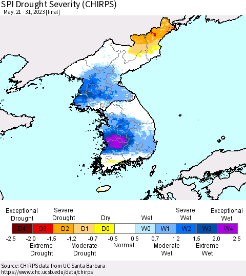 Korea SPI Drought Severity (CHIRPS) Thematic Map For 5/21/2023 - 5/31/2023