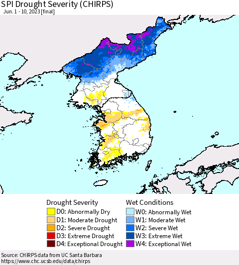 Korea SPI Drought Severity (CHIRPS) Thematic Map For 6/1/2023 - 6/10/2023