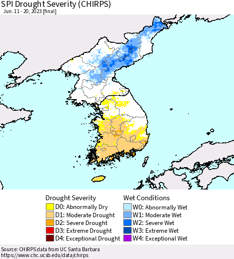 Korea SPI Drought Severity (CHIRPS) Thematic Map For 6/11/2023 - 6/20/2023