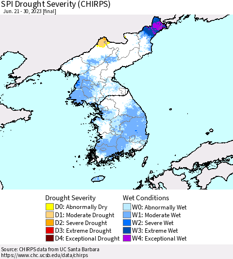 Korea SPI Drought Severity (CHIRPS) Thematic Map For 6/21/2023 - 6/30/2023