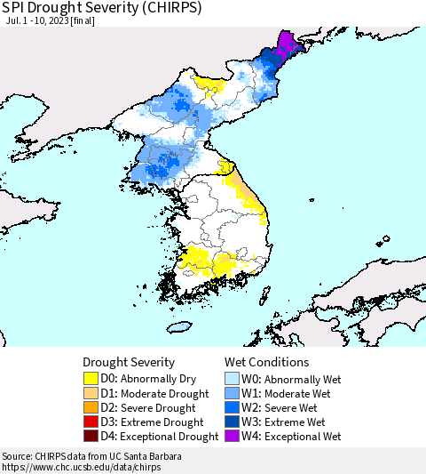 Korea SPI Drought Severity (CHIRPS) Thematic Map For 7/1/2023 - 7/10/2023