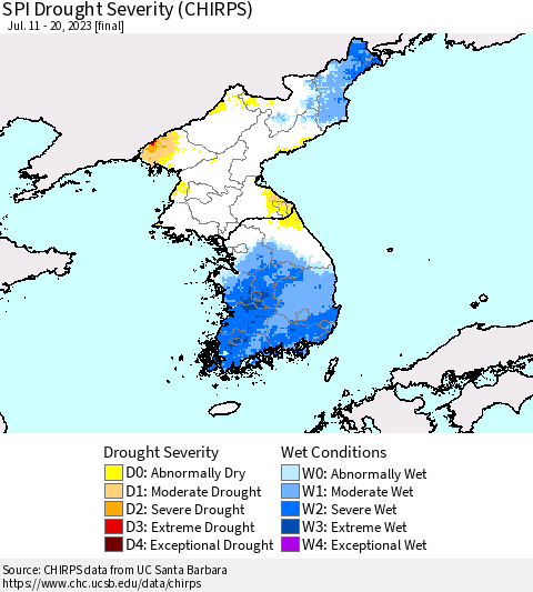 Korea SPI Drought Severity (CHIRPS) Thematic Map For 7/11/2023 - 7/20/2023