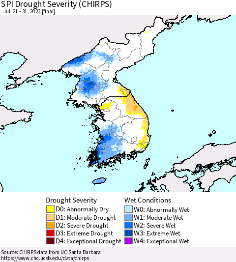 Korea SPI Drought Severity (CHIRPS) Thematic Map For 7/21/2023 - 7/31/2023