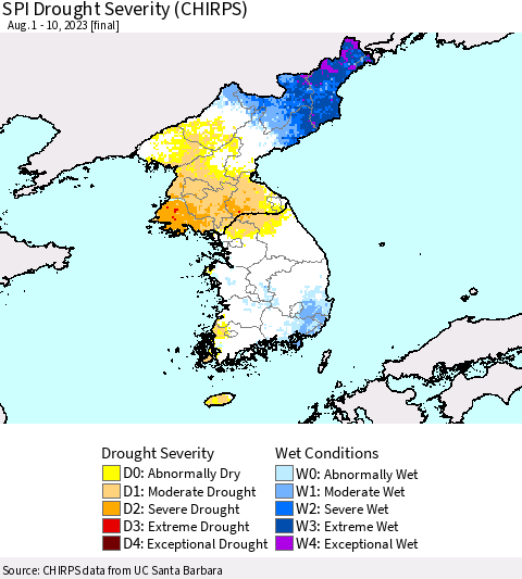 Korea SPI Drought Severity (CHIRPS) Thematic Map For 8/1/2023 - 8/10/2023