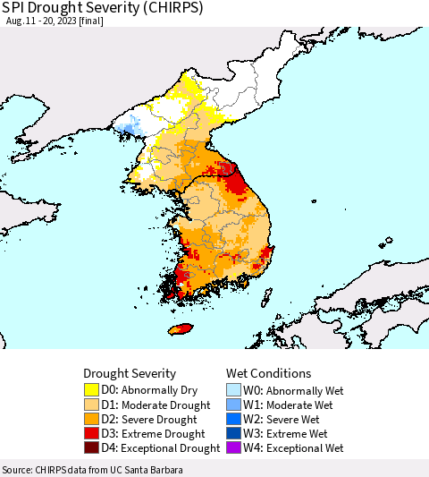 Korea SPI Drought Severity (CHIRPS) Thematic Map For 8/11/2023 - 8/20/2023