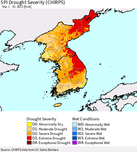 Korea SPI Drought Severity (CHIRPS) Thematic Map For 9/1/2023 - 9/10/2023