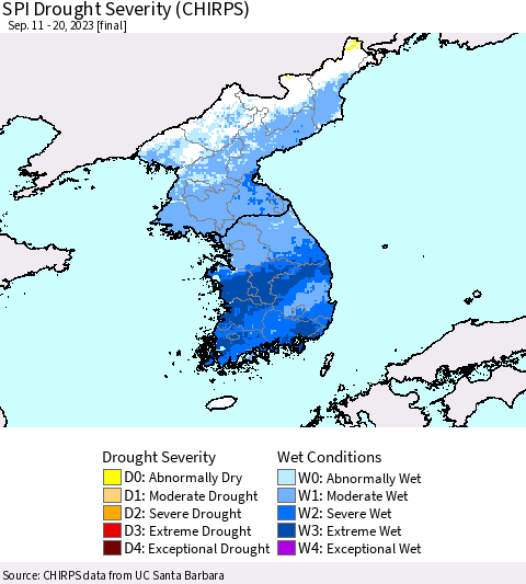 Korea SPI Drought Severity (CHIRPS) Thematic Map For 9/11/2023 - 9/20/2023
