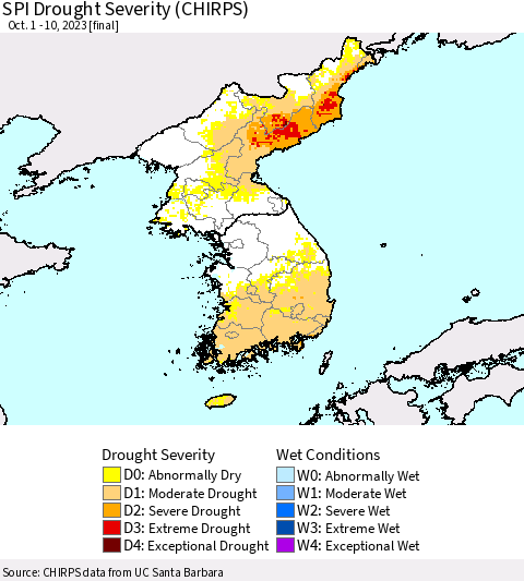 Korea SPI Drought Severity (CHIRPS) Thematic Map For 10/1/2023 - 10/10/2023