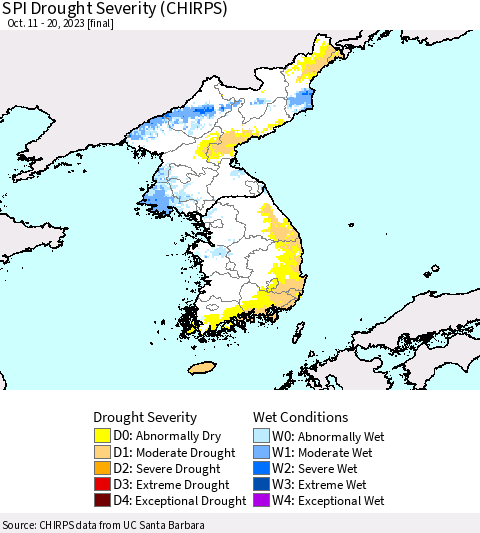 Korea SPI Drought Severity (CHIRPS) Thematic Map For 10/11/2023 - 10/20/2023