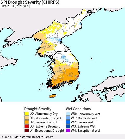 Korea SPI Drought Severity (CHIRPS) Thematic Map For 10/21/2023 - 10/31/2023
