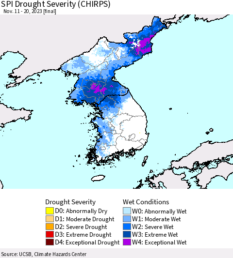 Korea SPI Drought Severity (CHIRPS) Thematic Map For 11/11/2023 - 11/20/2023