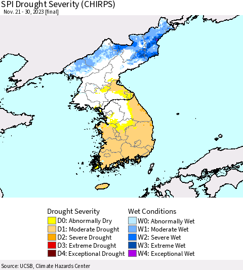 Korea SPI Drought Severity (CHIRPS) Thematic Map For 11/21/2023 - 11/30/2023