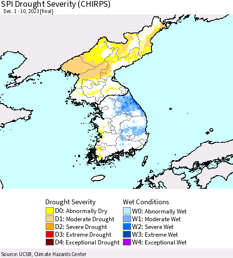 Korea SPI Drought Severity (CHIRPS) Thematic Map For 12/1/2023 - 12/10/2023