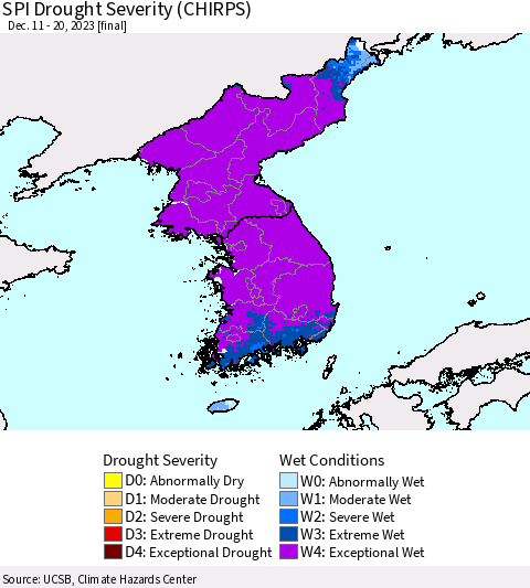 Korea SPI Drought Severity (CHIRPS) Thematic Map For 12/11/2023 - 12/20/2023